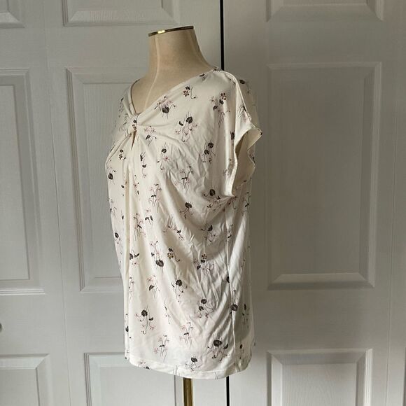 Ann Taylor Factory Ivory Floral Top V-Neck Knot Keyhole Front - L Large - Picture 6 of 6